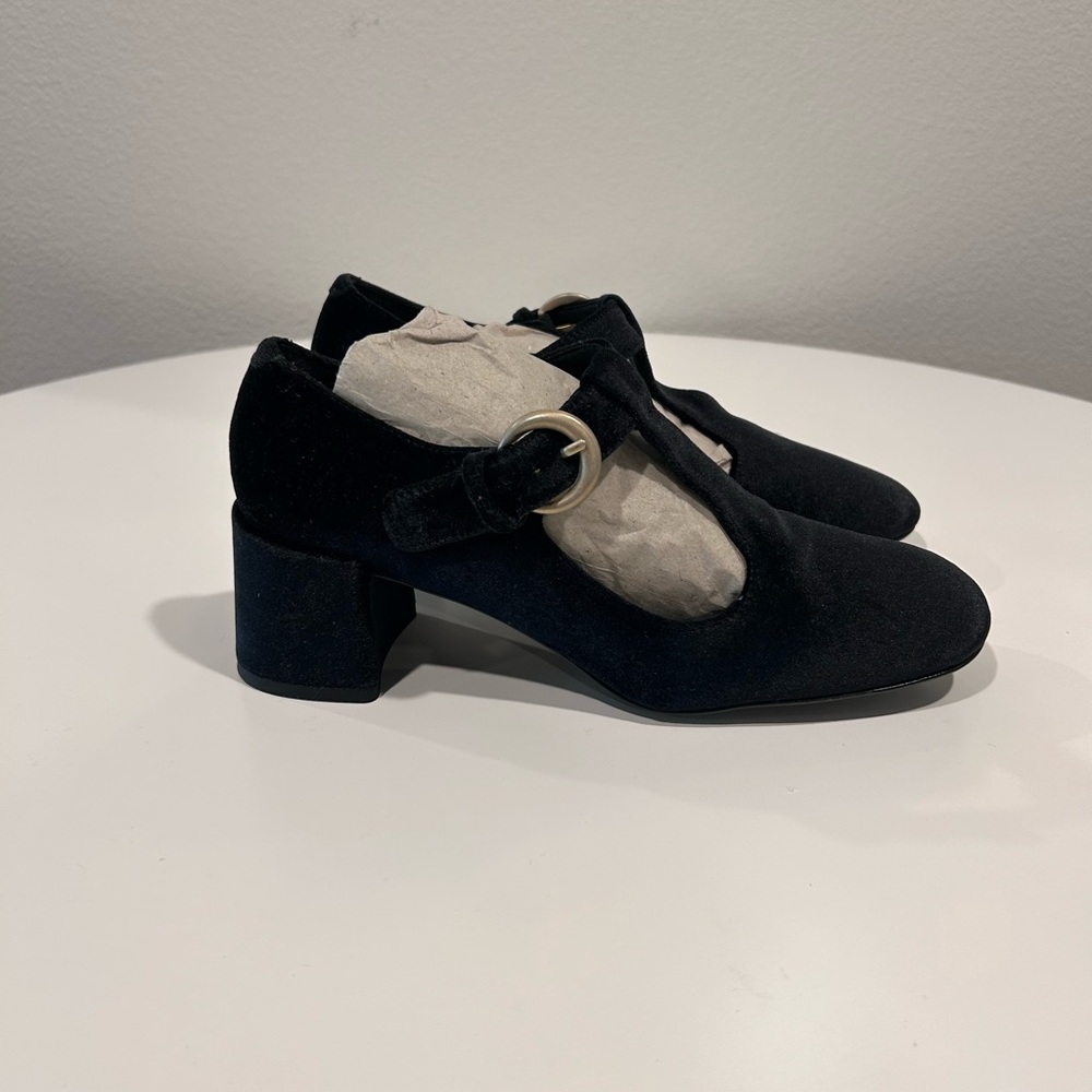 Anthropology Mary Jane t-strap block heels Black velvet Women's size 8.5